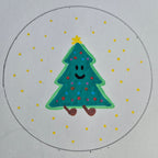 Hand-drawn green tree with a happy face on a white background with yellow dots.