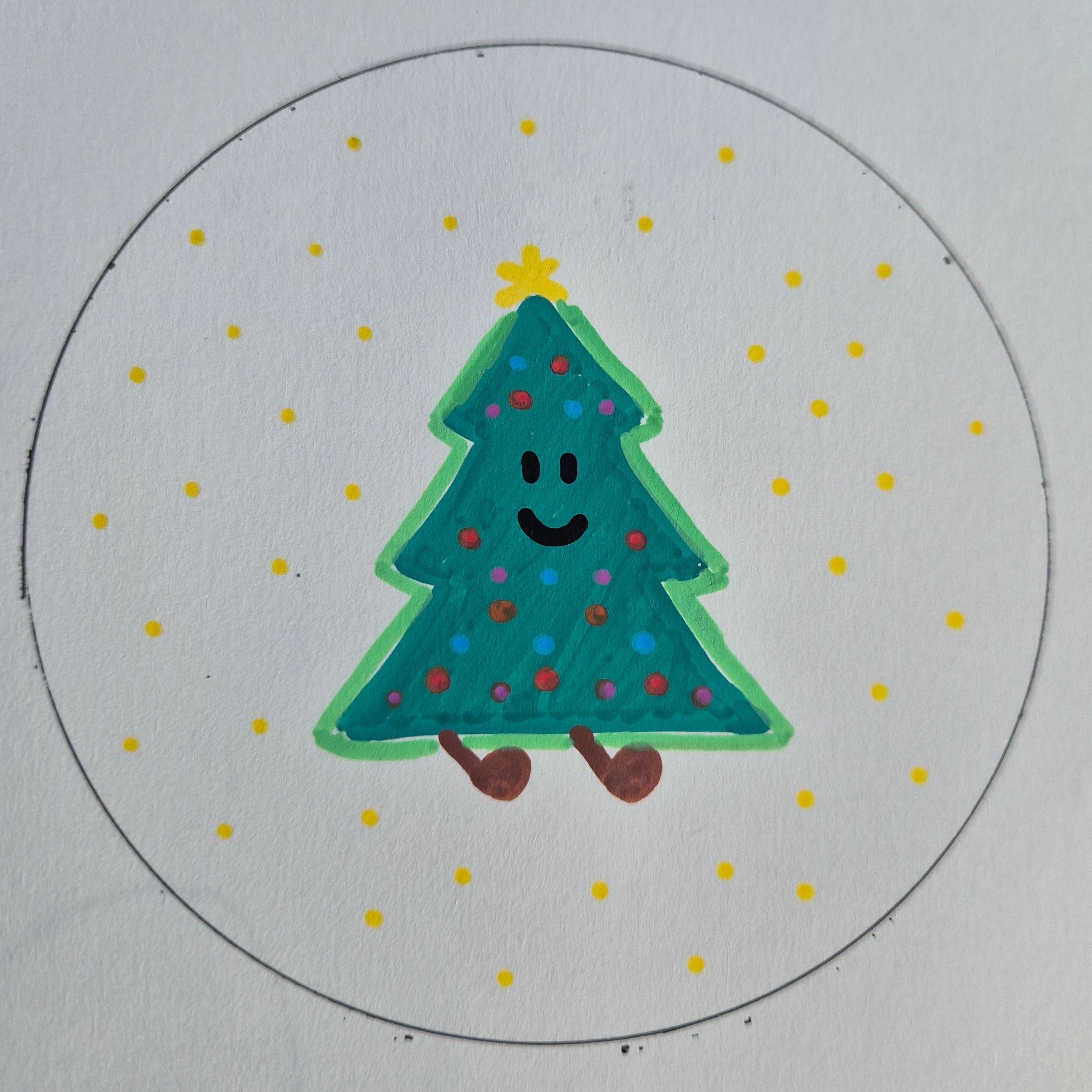 Hand-drawn green tree with a happy face on a white background with yellow dots.